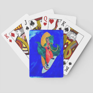 surfing nun on blue wave playing cards