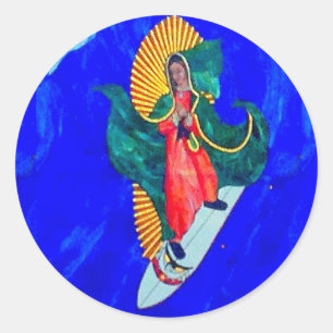 surfing nun saint on blue wave sticker