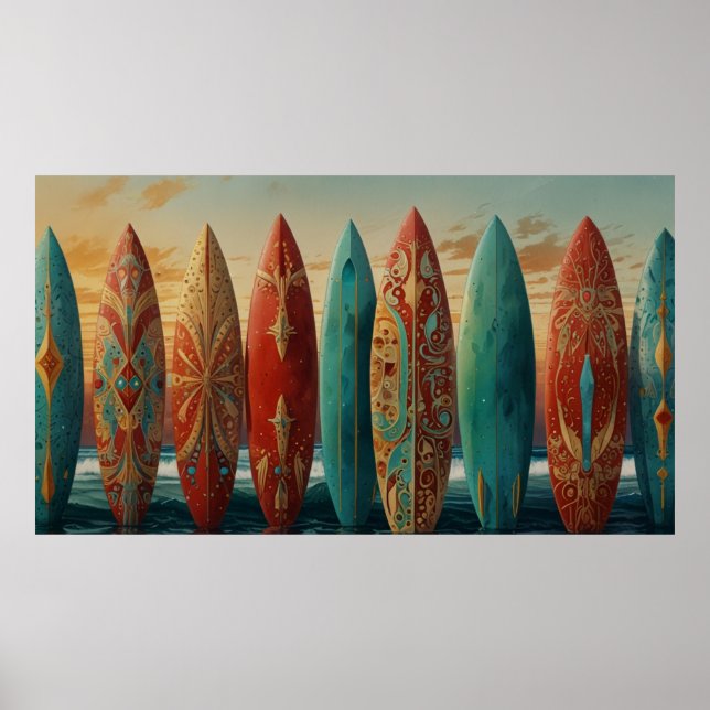 Surfing Ocean Waves Summer sunset dawn surfboards Poster (Front)