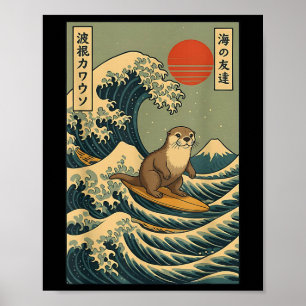 Surfing Otter Japanese Wave Design Retro Ukiyo-e A Poster