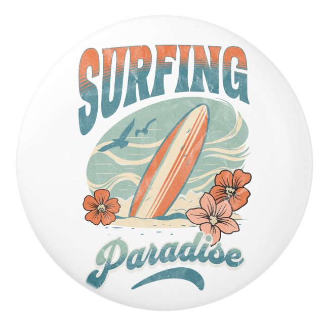 Surfing Paradise retro style design Ceramic Knob (Front)