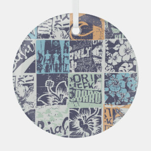 Surfing patchwork: grunge vintage pattern glass ornament