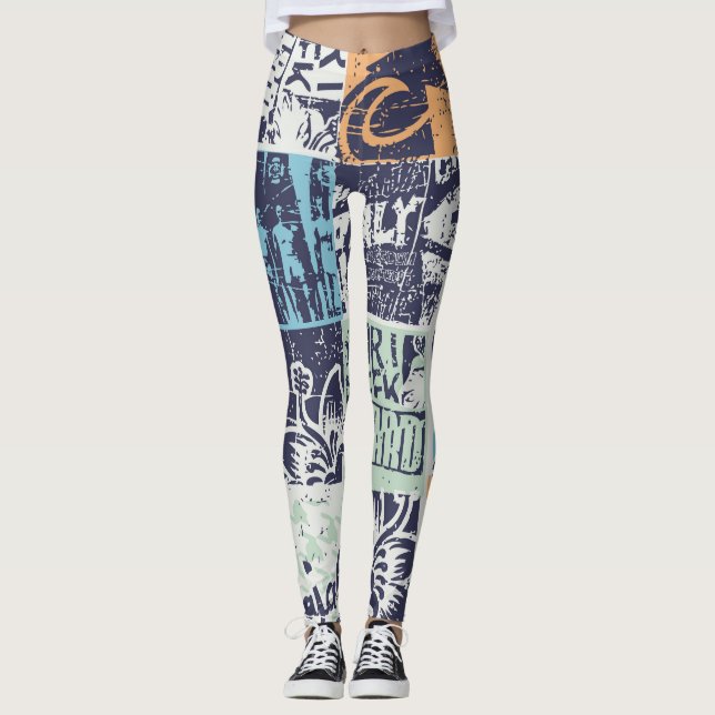 Surfing patchwork: grunge vintage pattern leggings (Front)