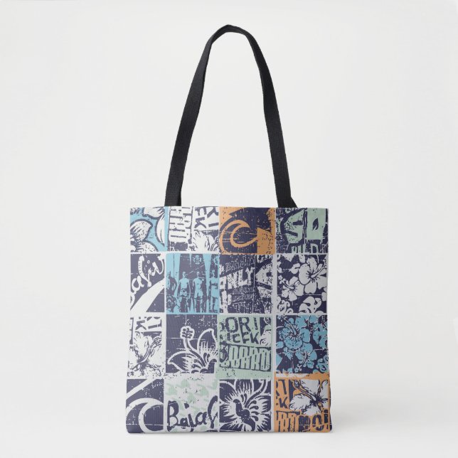 Surfing patchwork: grunge vintage pattern tote bag (Front)