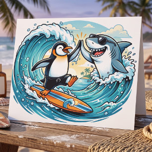 Surfing Penguin and Shark High Five Card