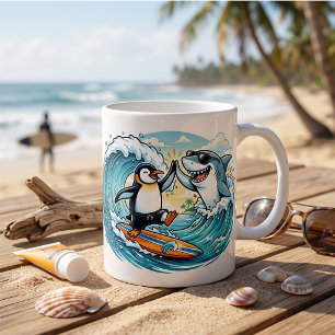 Surfing Penguin and Shark High Five Coffee Mug