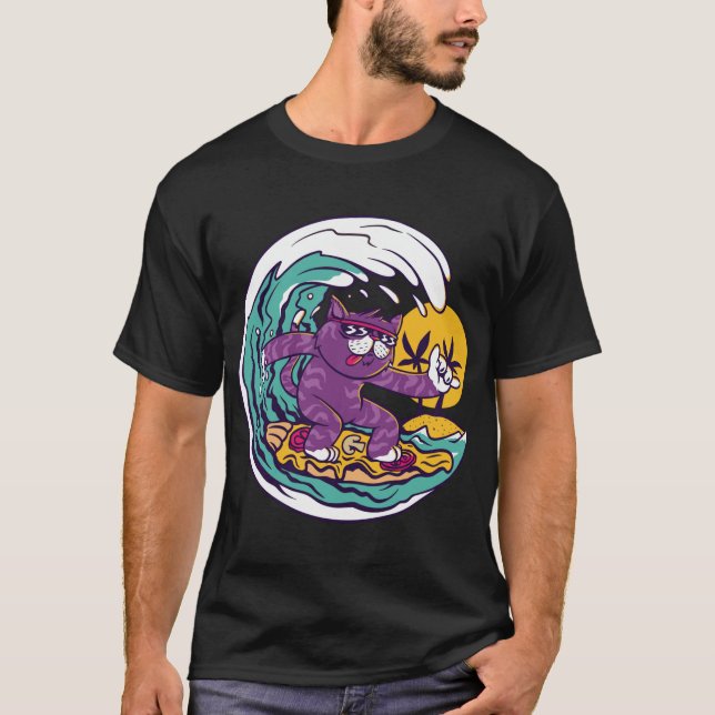Surfing Pizza Cat Surf T-Shirt (Front)