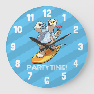 Surfing Polar Bear Funny Party Time! Cartoon Large Clock