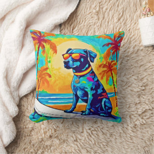 Surfing Pooch: Beach Sunglasses Throw Pillow