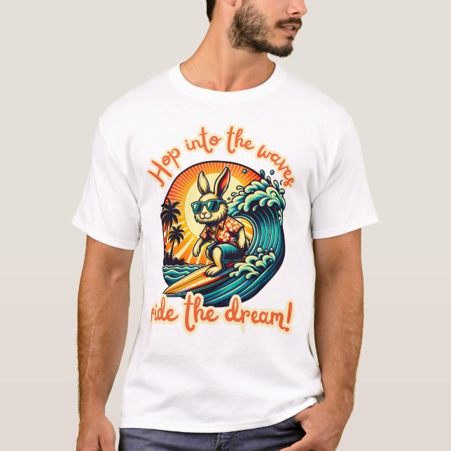 Surfing Rabbit Riding Ocean Waves T-Shirt (Front)