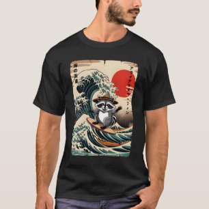 Surfing Raccoon Kawaii Anime Great Wave Surfing Ja T-Shirt