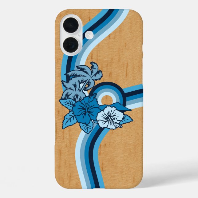 Surfing Safari Faux Wood Hawaiian Surfboard Blue Case-Mate iPhone Case (Back)