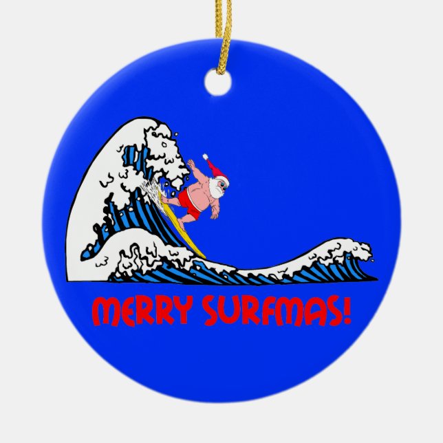 Surfing Santa Ceramic Ornament (Front)