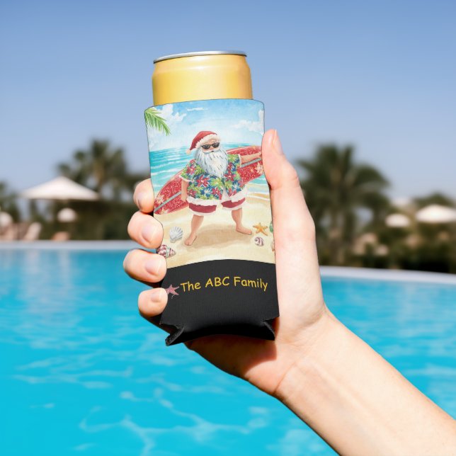 Surfing Santa Christmas in July Coastal  Seltzer Can Cooler (In Situ Pool)