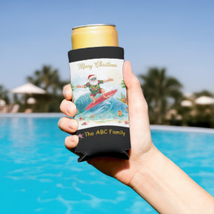 Surfing Santa Christmas in July Coastal Seltzer Can Cooler