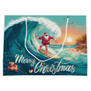 Surfing Santa Claus Christmas Holiday Large Gift Bag