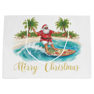 Surfing Santa Claus Christmas Holiday Large Gift Bag