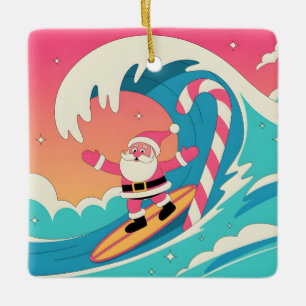 Surfing Santa Claus on a Candy Cane Wave Ceramic Ornament