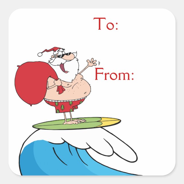Surfing Santa Claus Square Sticker (Front)