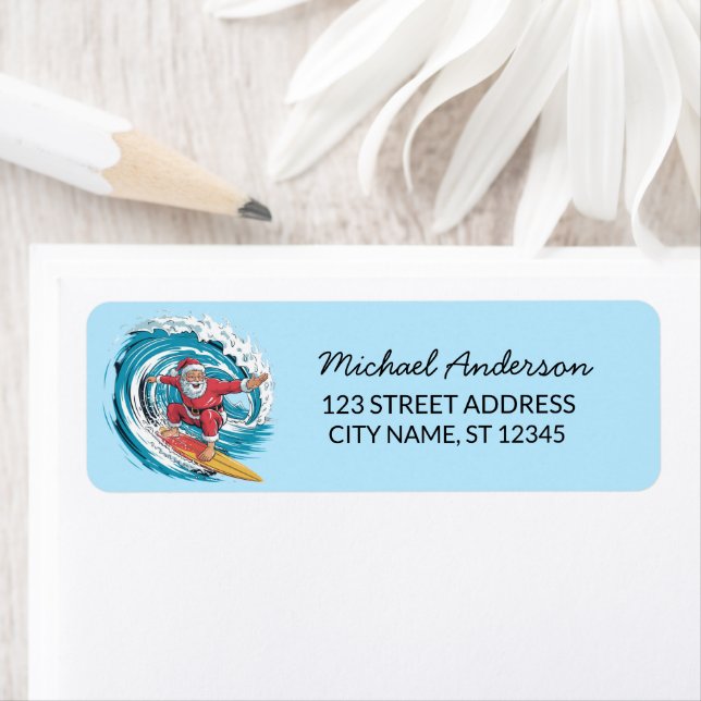 Surfing Santa Funny Christmas Return Address    (Insitu)