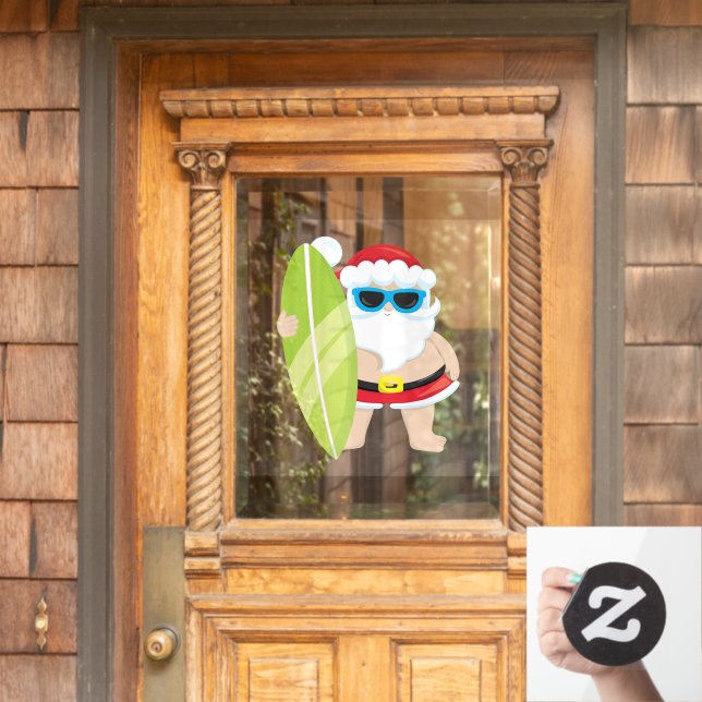Surfing Santa hawaiian tropical summer Christmas Window Cling (Home Door)