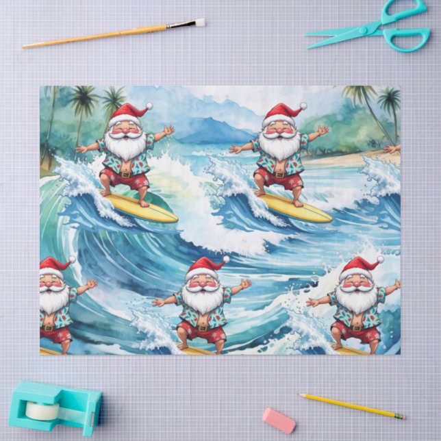 Surfing Santa is on big wave in Hawaii  Tissue Paper (Craft)