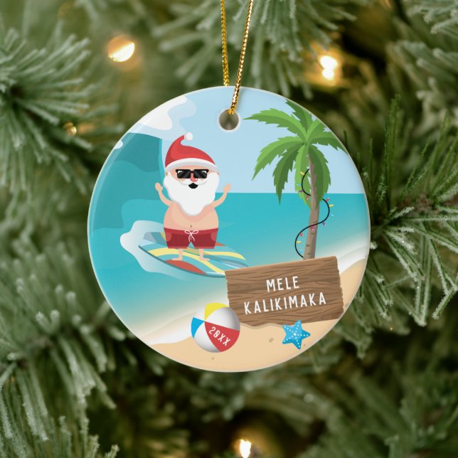 Surfing Santa Mele Kalikimaka Hawaiian Christmas Ceramic Ornament (Tree)