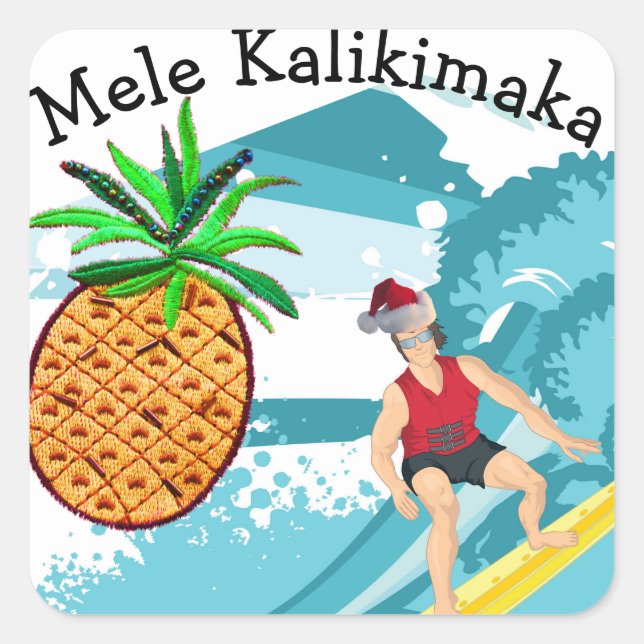 Surfing Santa Mele Kalikimaka Pineapple Square Sticker (Front)