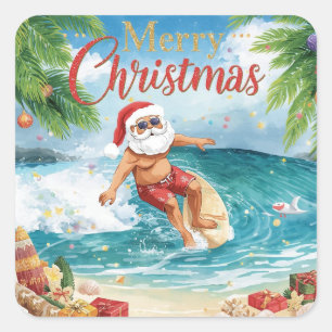 Surfing Santa Merry Christmas Coastal Holiday  Square Sticker