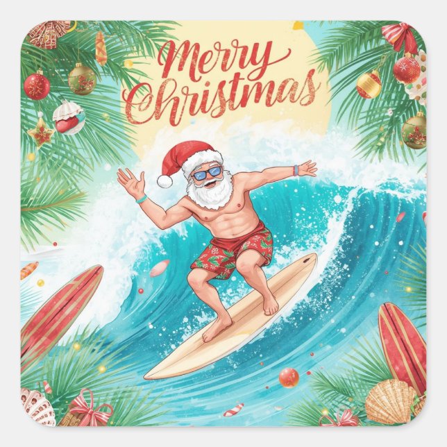 Surfing Santa Merry Christmas Coastal Holiday  Square Sticker (Front)