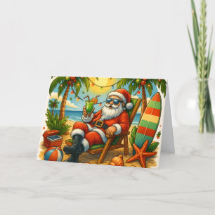 Surfing Santa on Tropical Beach Christmas Holiday Card
