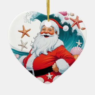 Surfing Santa Seashell Wave Christmas Ornament