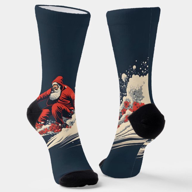 Surfing Santa Summer Christmas Socks (Angled)
