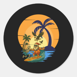Surfing Santa Toucan And Funny Skeleton Tropical C Classic Round Sticker