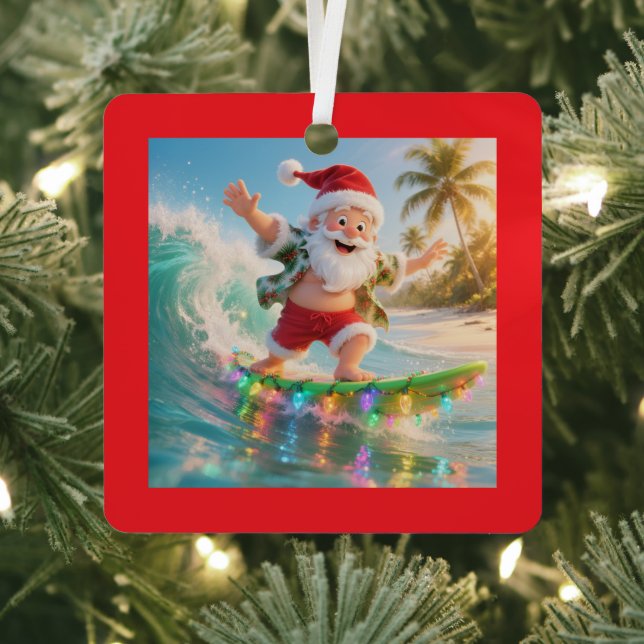 Surfing Santa Tropical Christmas Metal Ornament (Insitu)