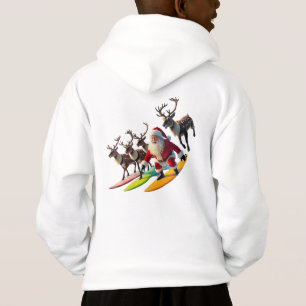 Surfing Santa with Reindeer Kids Pullover Hoodie