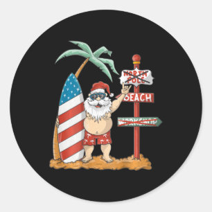 Surfing Santa With Usa Patriotic Surfboard Christm Classic Round Sticker
