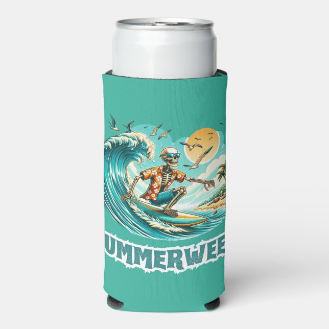 Surfing Skeleton Summerween Beach Vibes Seltzer Can Cooler (Seltzer Front)