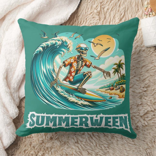 Surfing Skeleton Summerween Beach Vibes Throw Pillow (Blanket)