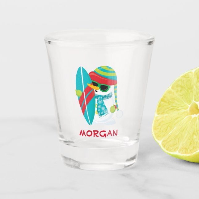 Surfing Snowman Shot Glass (Front)