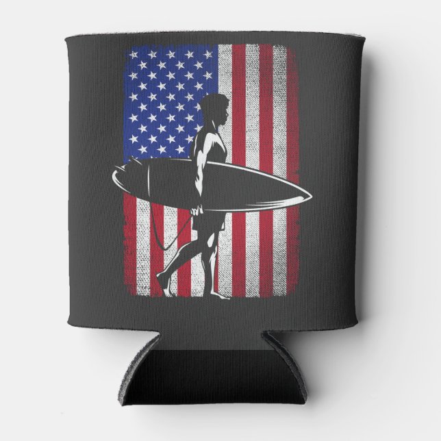 Surfing Surfer 4th of July USA American Flag For M Can Cooler (Front)