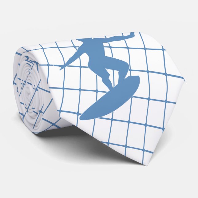 Surfing Surfer Surf Board on Blue Check Necktie (Rolled)