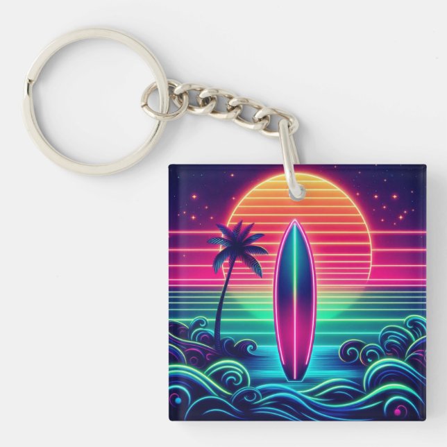 Surfing the Neon Sunset Keychain (Front)