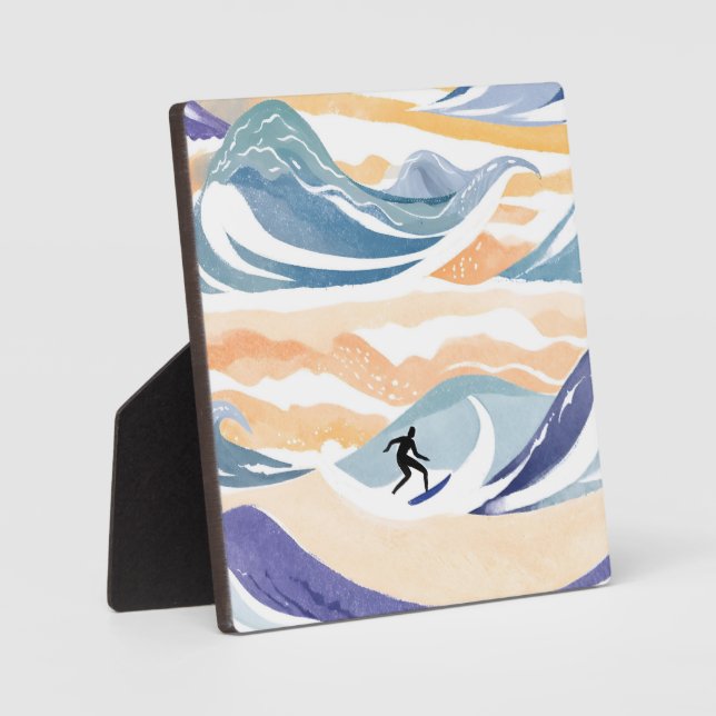 Surfing the Wave | Contemporary Watercolor Ocean Plaque (Front)