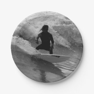 Surfing The Waves Grayscale Paper Plate