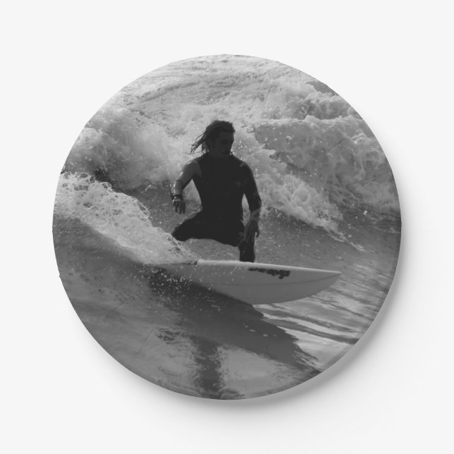 Surfing The Waves Grayscale Paper Plate (Front)