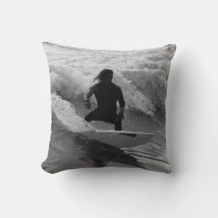 Surfing The Waves Grayscale Throw Pillow