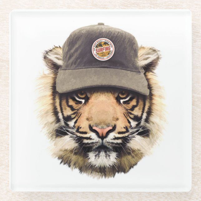 Surfing Tiger Glass Coaster (Front)