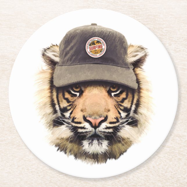 Surfing Tiger Round Paper Coaster (Front)