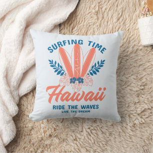 Surfing Time Hawaii Ride the Waves Throw Pillow
